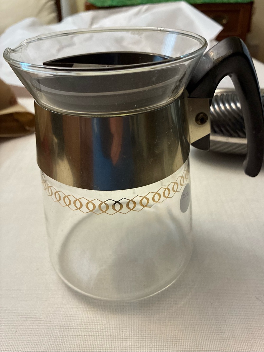 Vintage Corning Coffee Carafe with Atomic Gold Accent, 2 Cup Pot